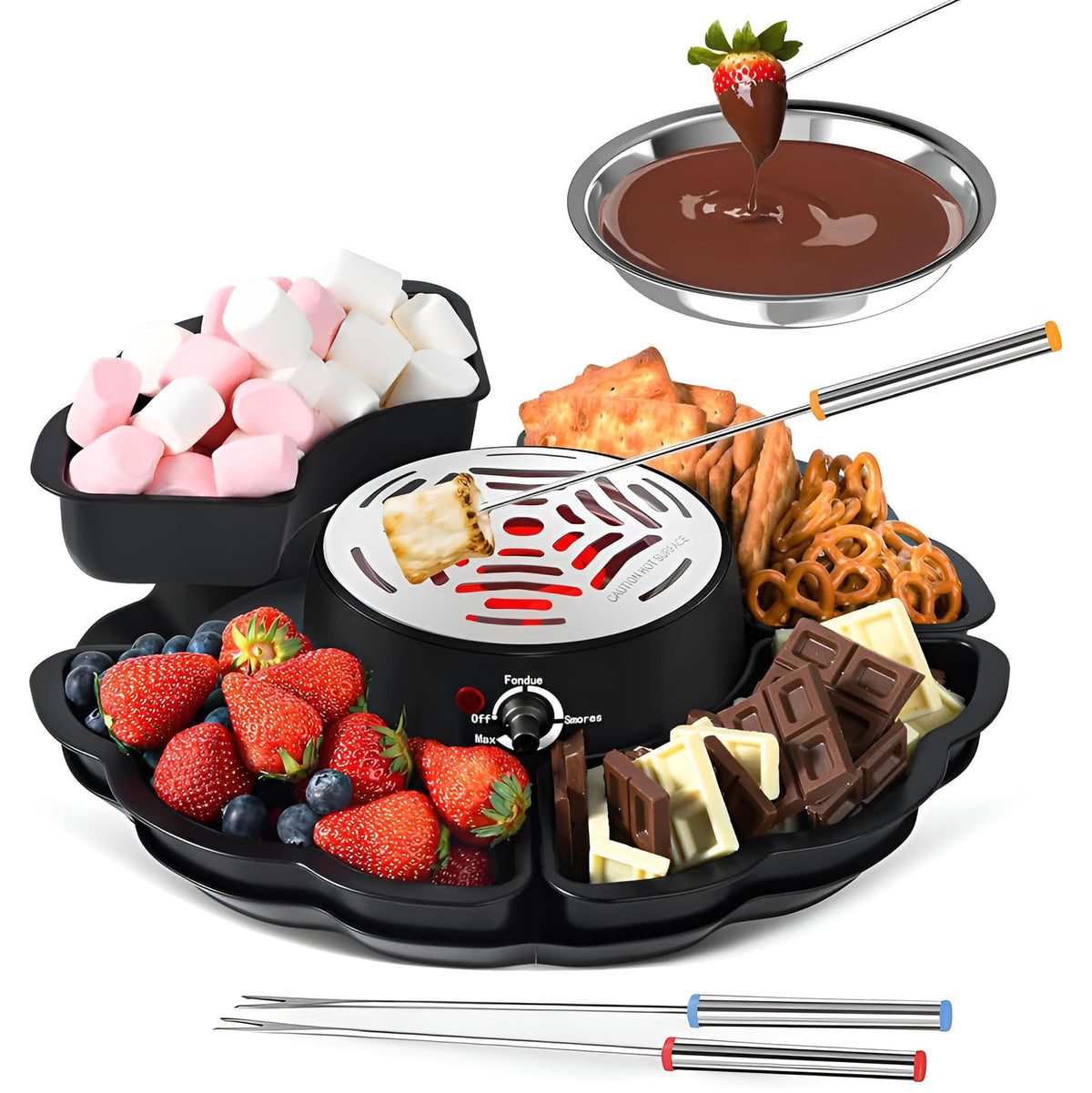 Elektrischer Tischgrill in einem Anwendungsbeispiel mit Marshmallows, Beeren, Schokolade und Bretzeln