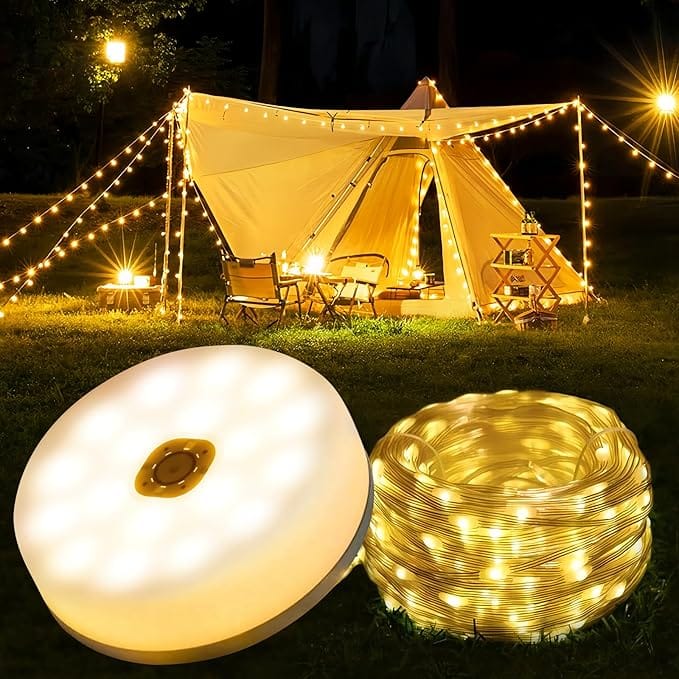 Eingerollte Lichterkette mit Anwendungsbeispiel im Hintergrund