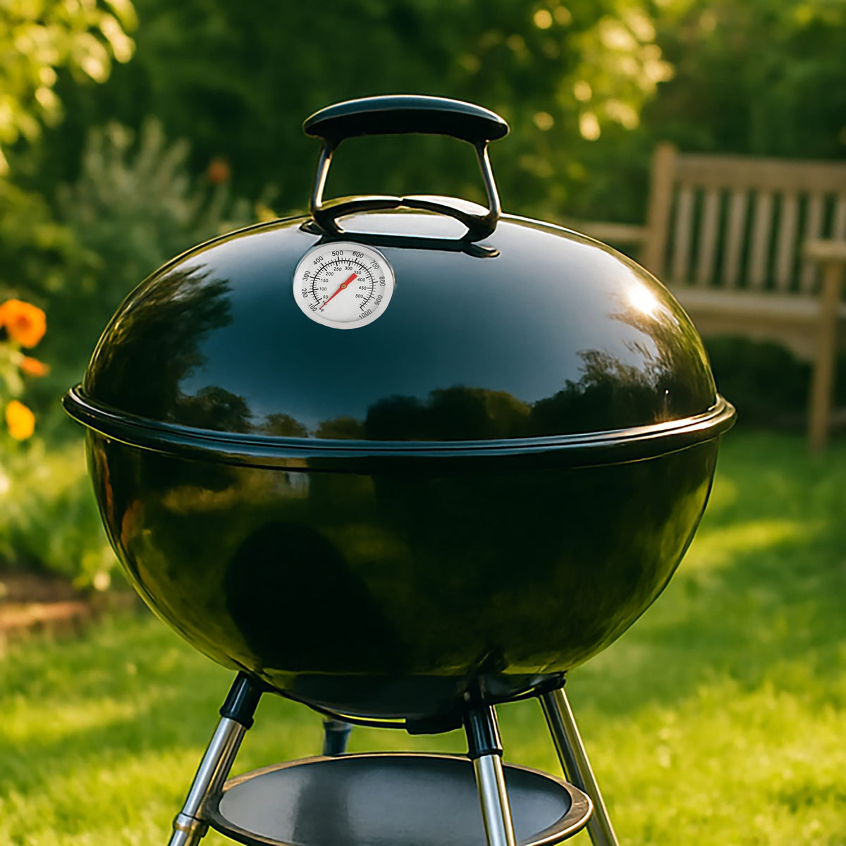 Grill-Deckelthermometer mit roter anzeige in einem Anwendungsbeispiel bei einem schwarzen Grill