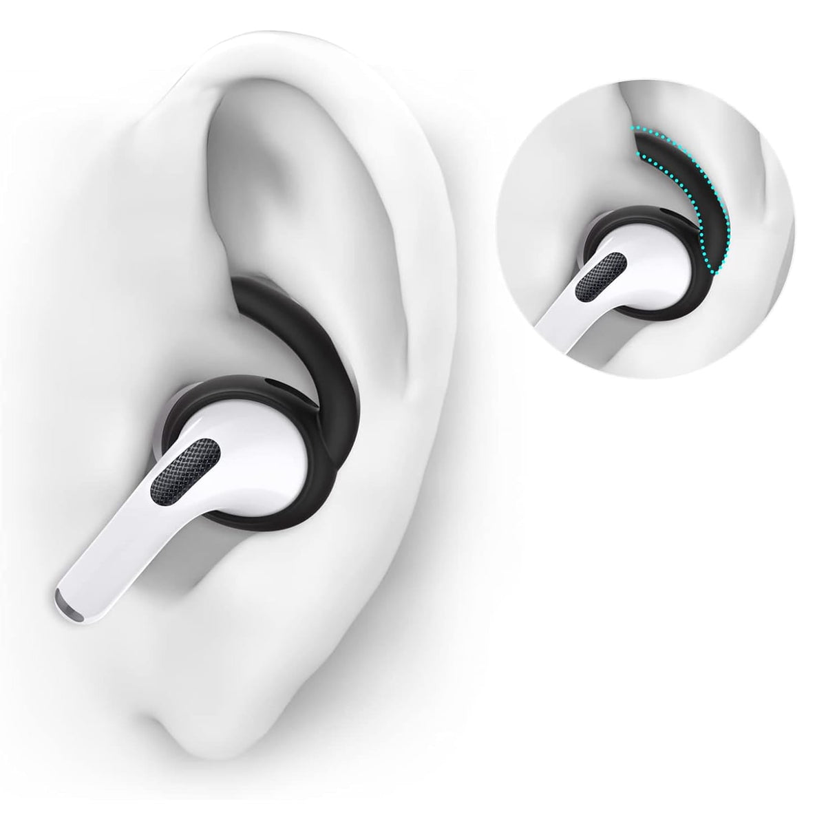 Schwarze Ohrbügel für Airpods in einem Anwendungsbeispiel an getragenen Airpods