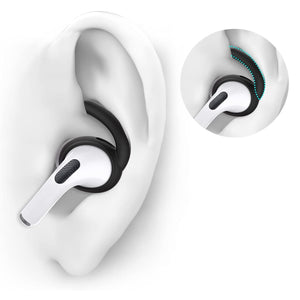 Schwarze Ohrbügel für Airpods in einem Anwendungsbeispiel an getragenen Airpods