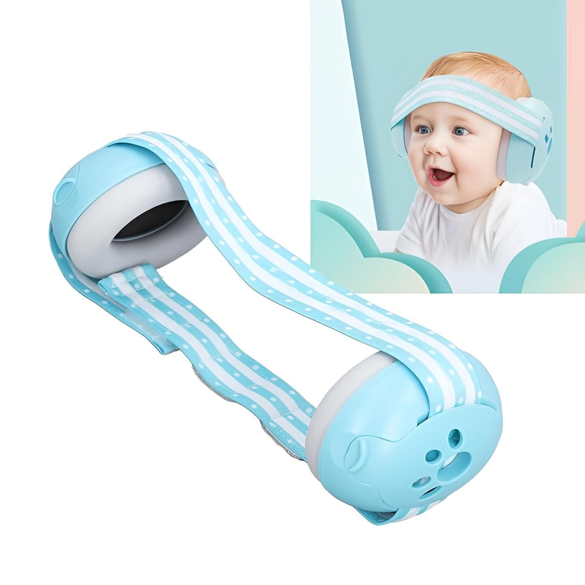 Blauer Babyhörschutz mit verstellbarem, weiss-blauem Umbindeband mit Anwendungesbeispiel