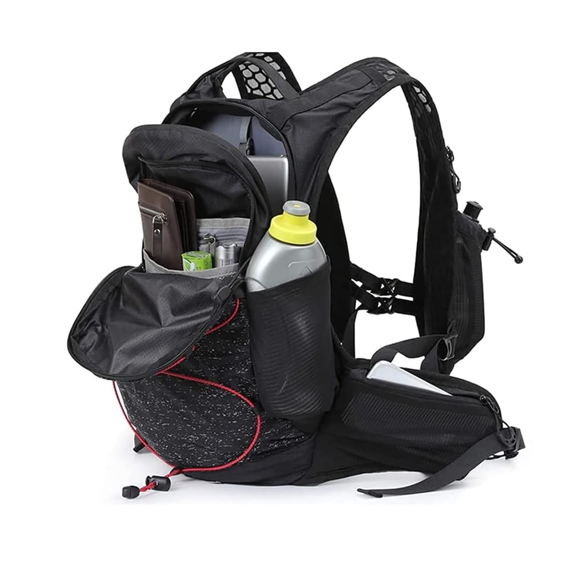 Schwarzer, geöffneter Rucksack mit roten Details und Beispielsinhalt