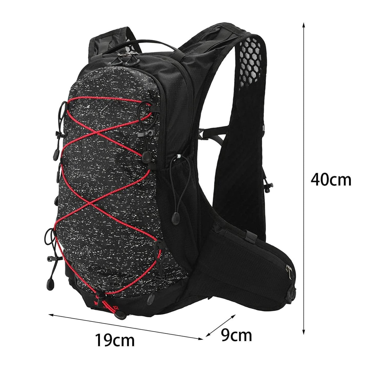 Schwarzer Rucksack mit roten Details und den Massen