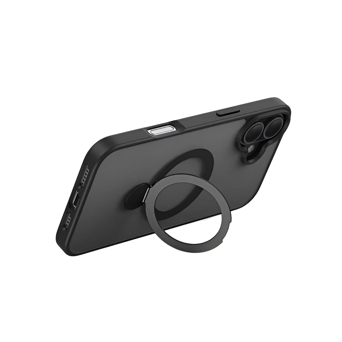 Graue iPhone-Hülle mit rundem, ausgeklapptem Ständer in einem Anwendungsbeispiel mit einem schwarzen iPhone 16 Plus