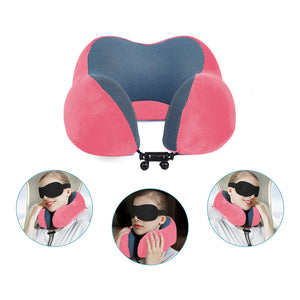 Pinkes Reisekissen mit schwarzer Schlafmaske in drei Anwendungsbeispielen