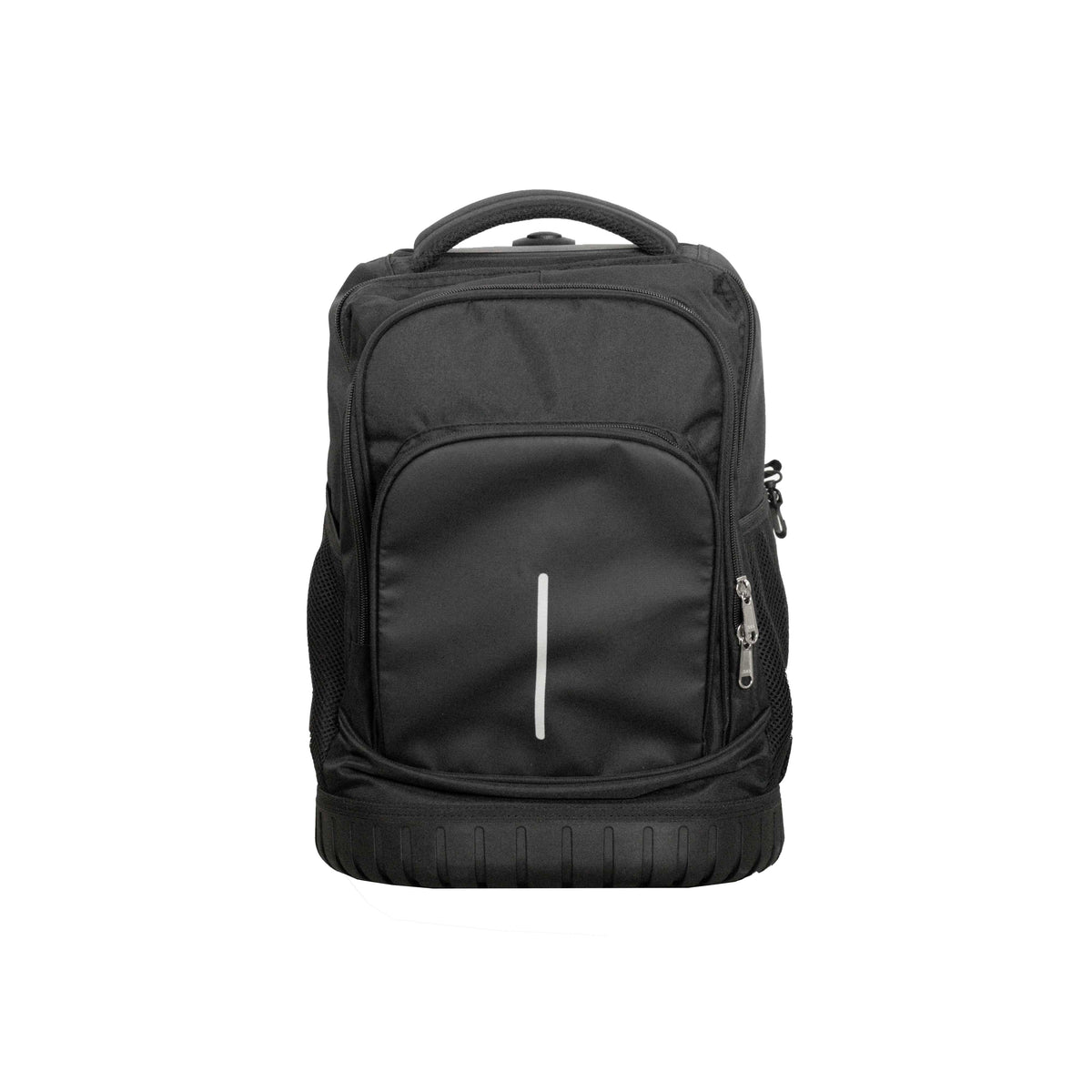 Schwarzer Rucksack-Trolley von vorne mit Griff eingefahren
