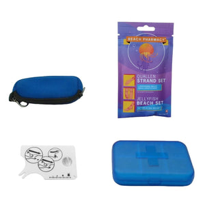 Ausgepacktes Schutz und Reise-Set mit Zeckenentferner, Quallen-Set, Pillenbox und ein Etui mit Reissverschluss