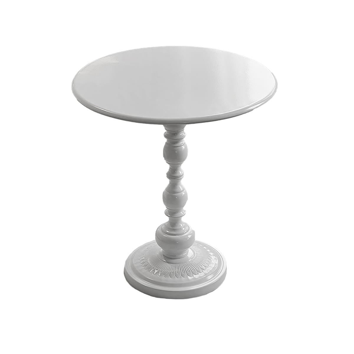 Runder, weisser Couchtisch mit detaillierter Stütze