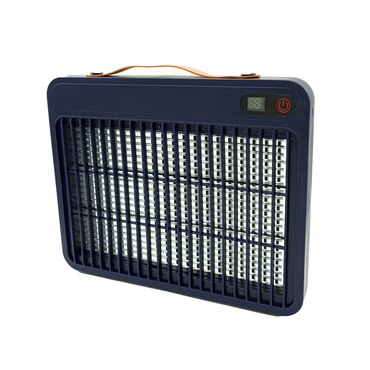 Dunkelblaue Moskito Killer Lampe mit Gitter als Vorderseite und orangenem Griff