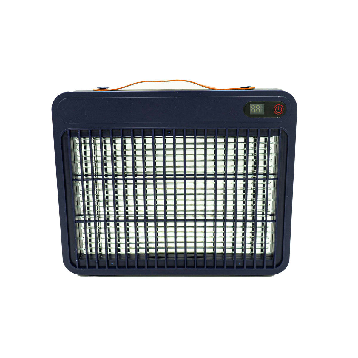 Dunkelblaue Moskito Killer Lampe mit Gitter als Vorderseite und orangenem Griff von vorne
