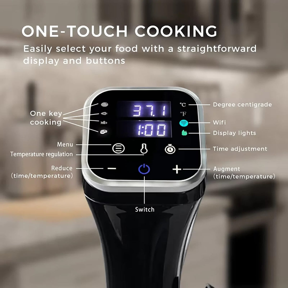 Schwarz-silberner Sous-Vide Garer mit dem digitalem Bildschirm erklärt