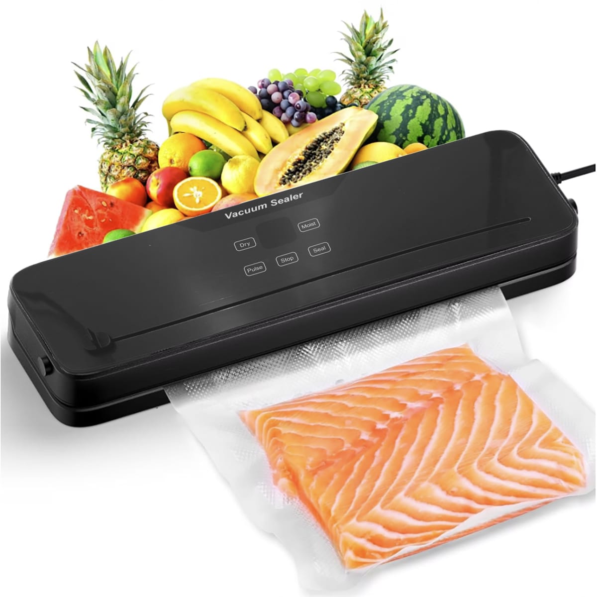 Schwarzes Vakuumiergerät mit Früchten im Hintergrund und Anwendungsbeispiel mit Lachs