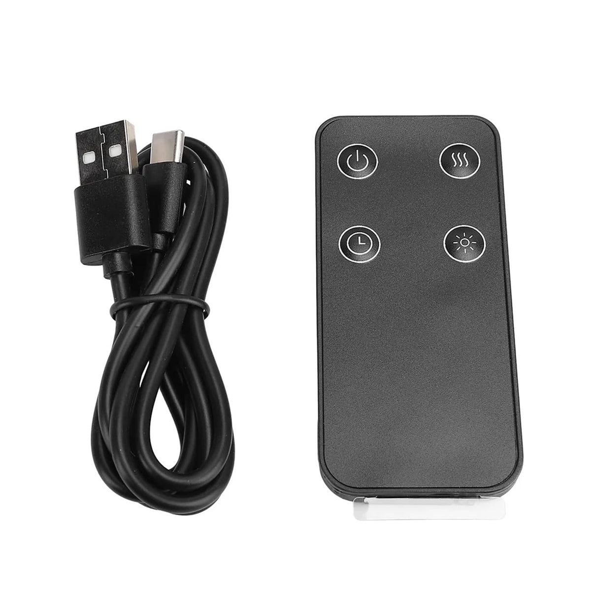 Schwarzes Ladekabel und schwarze Fernbedienung mit vier Knöpfen