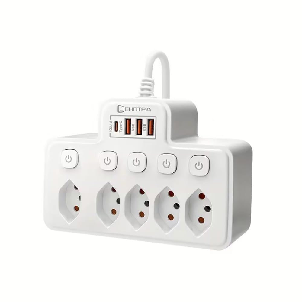 Weisse Mehrfachsteckdose mit fünf Steckdosen, drei USB-A Anschlüssen und einem USB-C Anschluss und Knöpfen um die verschiedenen Steckdosen zu aktivieren