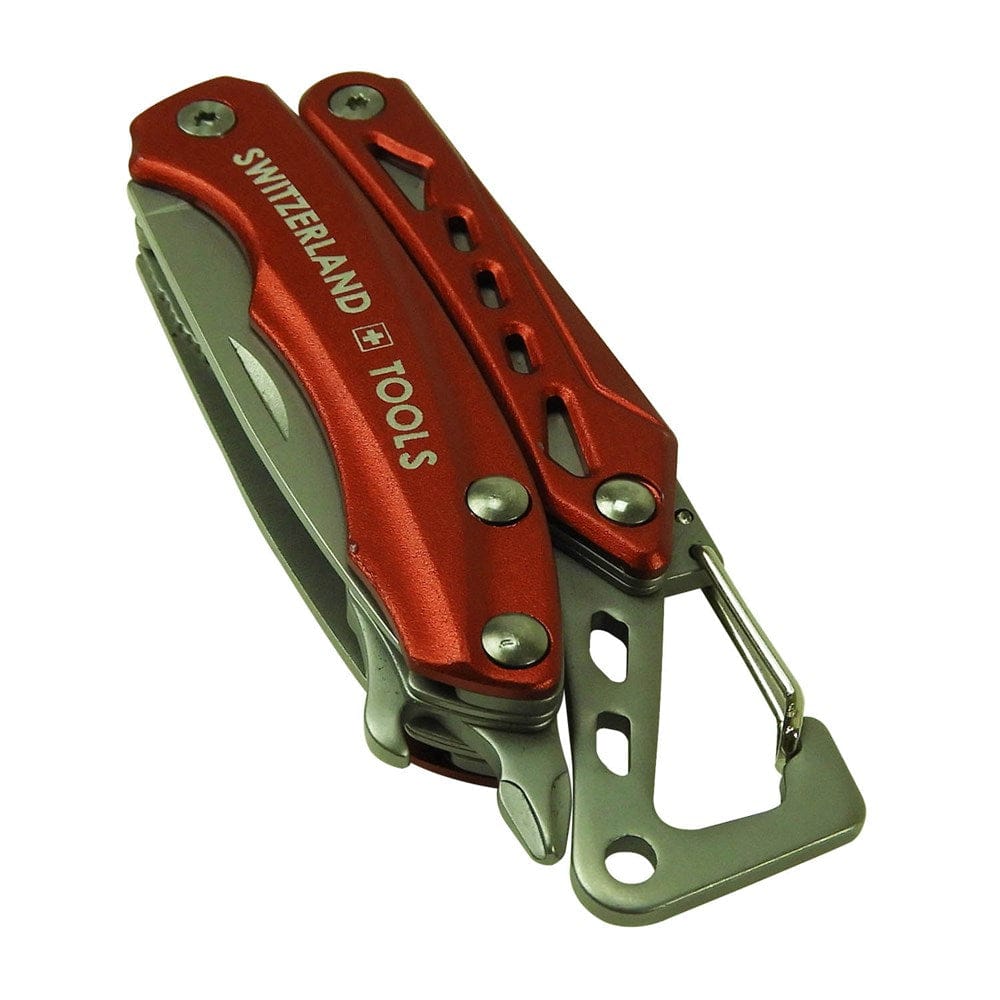 Rotes, klappbares Taschenwerkzeug mit silbernen Werkzeugen und "Switzerland" Schriftzug
