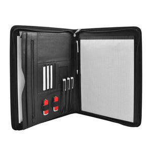 Schwarzer, geöffneter Lederfolder mit Notizblock, Stiften, USB-Sticks, Kartenfach und Papierfach