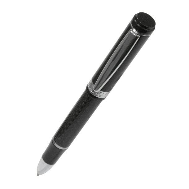 Moderner, schwarzer Kugelschreiber  mit silbernen Details und Carbonmuster schräg von hinten