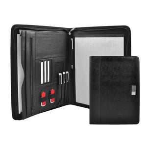 Schwarze Lederkonferenzmappe mit Stiften, Kartenhalter, USB-Sticks, Papierfach und Notizblock