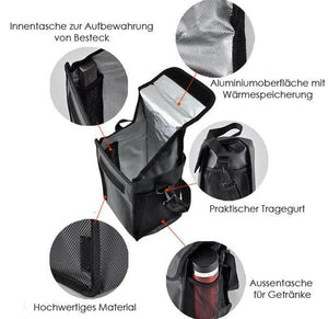 Schwarzer, geöffneter Tragebeutel mit Produktdetails